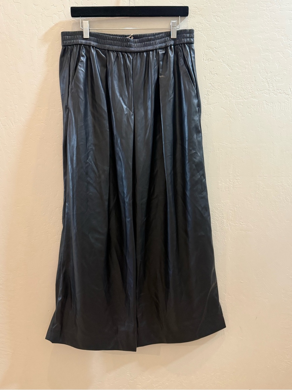Black Faux Leather Pleated Maxi pants wide leg